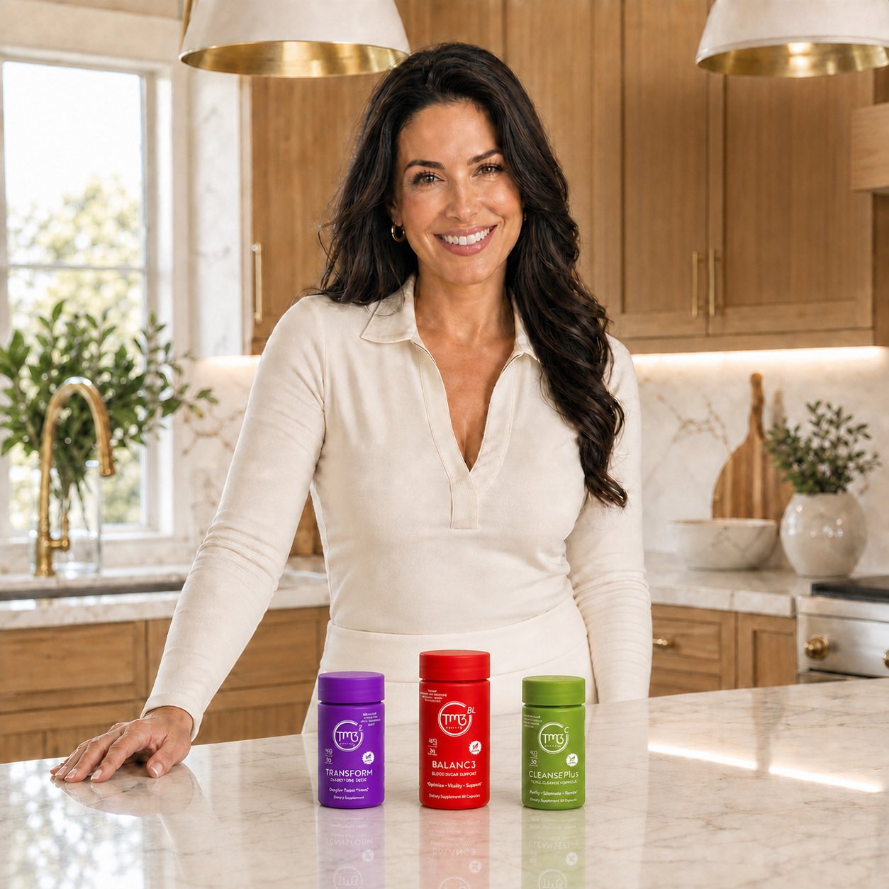Woman in a bright kitchen with the TM3 Belly Blaster Kit products